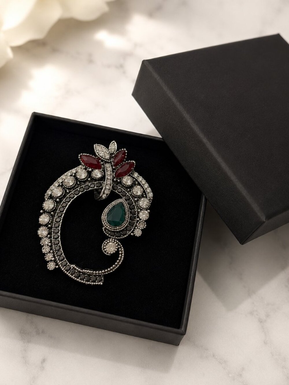 Silver Tone Paisley Brooch Red Green Crystal Rhinestone Statement Pin